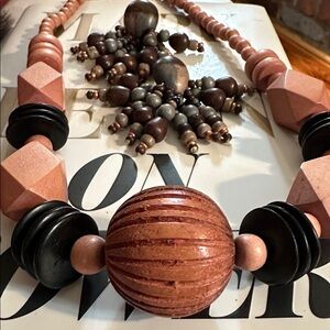 Vintage wood bead  Pink and Black Beaded Necklace- Earrings Set